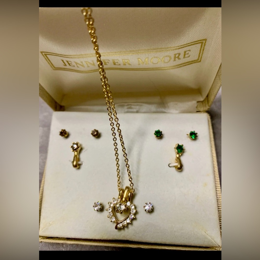 Jennifer Moore Gold Heart Pendant with Clear and Emerald-Tone Stones